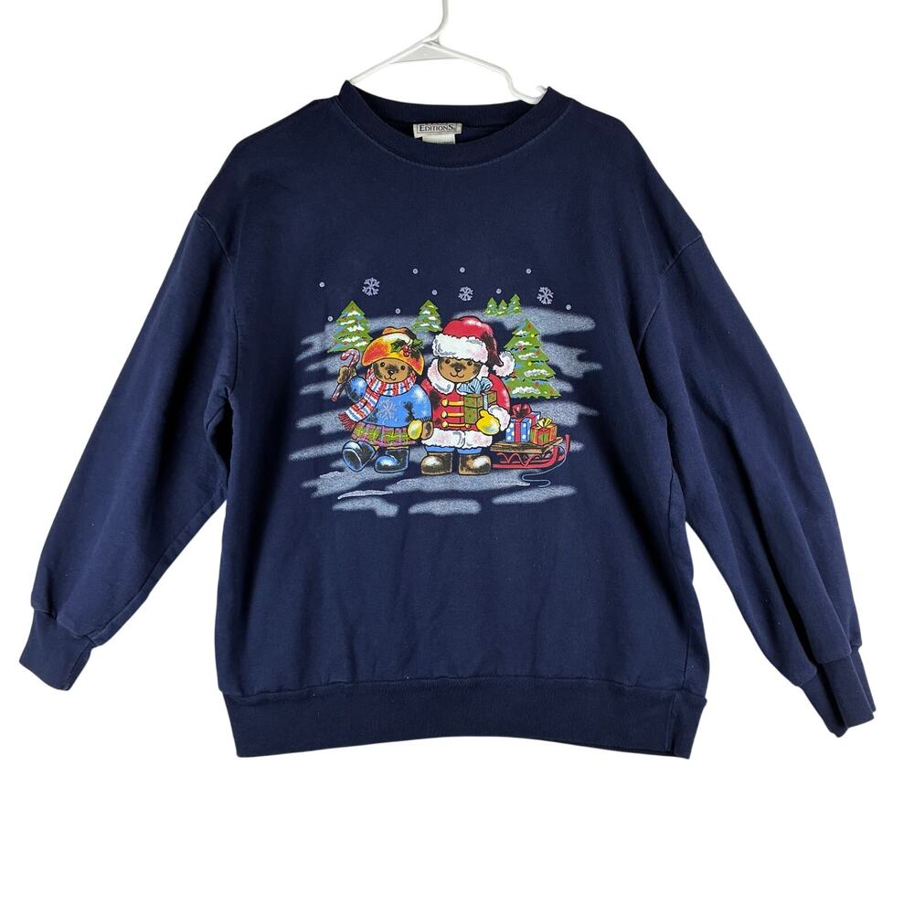 Basic Editions Sweatshirt Womens XL Navy Blue Vintage 90s Christmas Bear Holiday